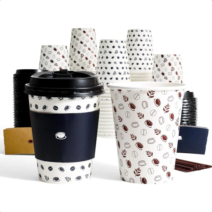 

12oz To Go Coffee Cups with Lids Sleeves and Stirrers 100 Pack Paper Cups with two Designs for Home Busin and Cafe. Hot Cold B
