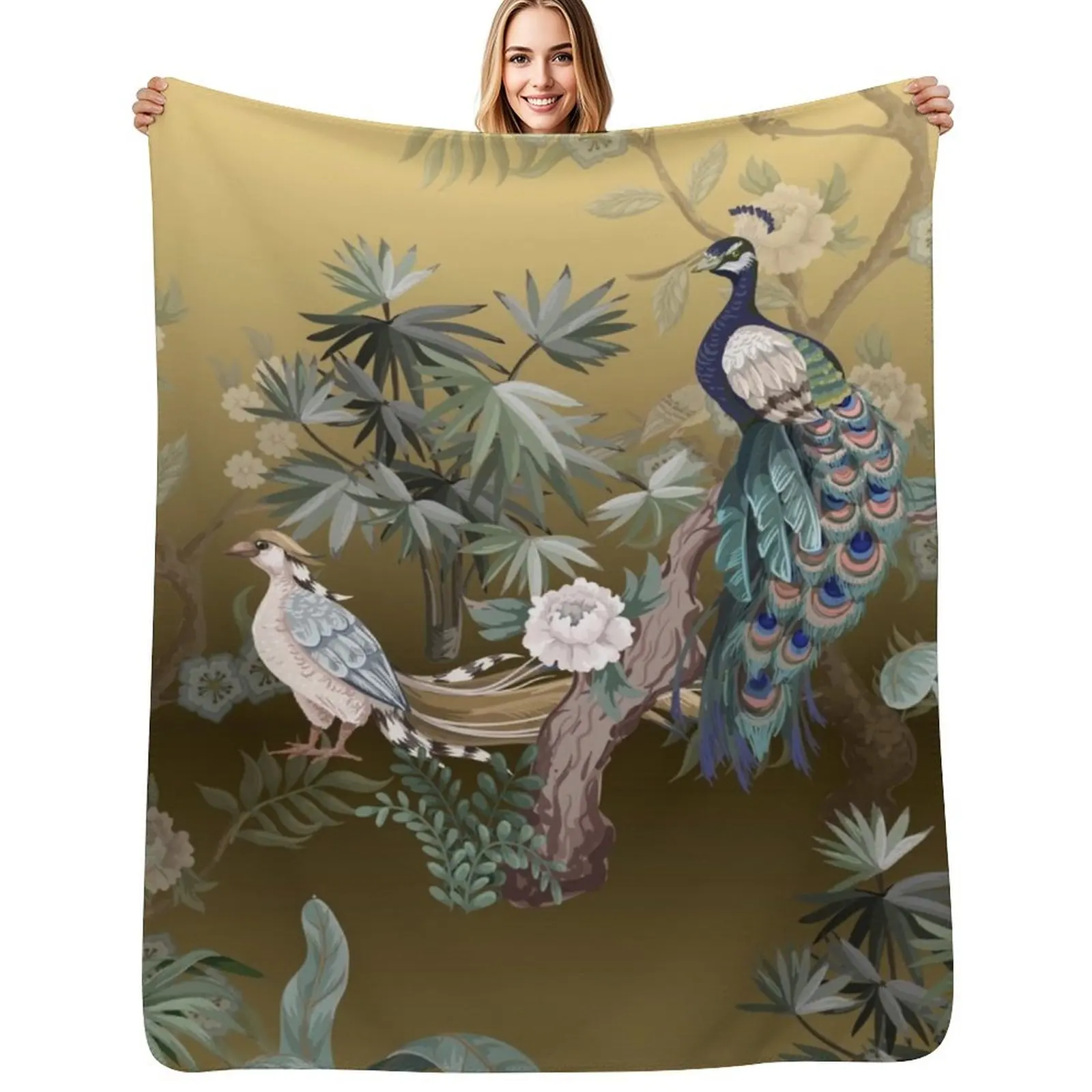 

Fengshui Oriental Chinoiserie - Gold Leaf Garden with Peacock and Quail Throw Blanket Polar bed plaid Camping Blankets