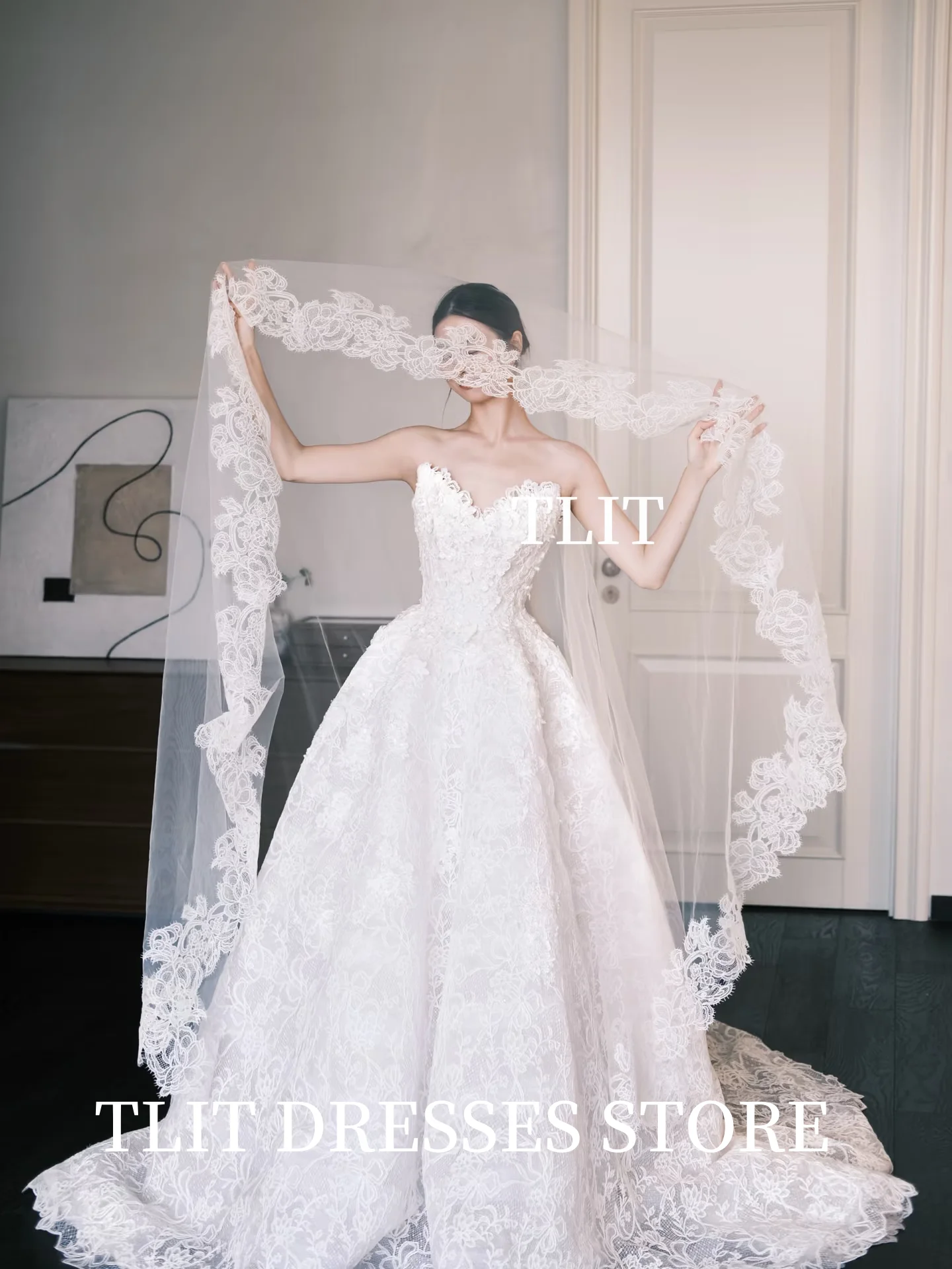 TLIT Элегантные кружевные свадебные платья Корейские свадебные платья Фотосессия с пышным шлейфом Длинные свадебные платья Корсет сзади по индивидуальному заказу