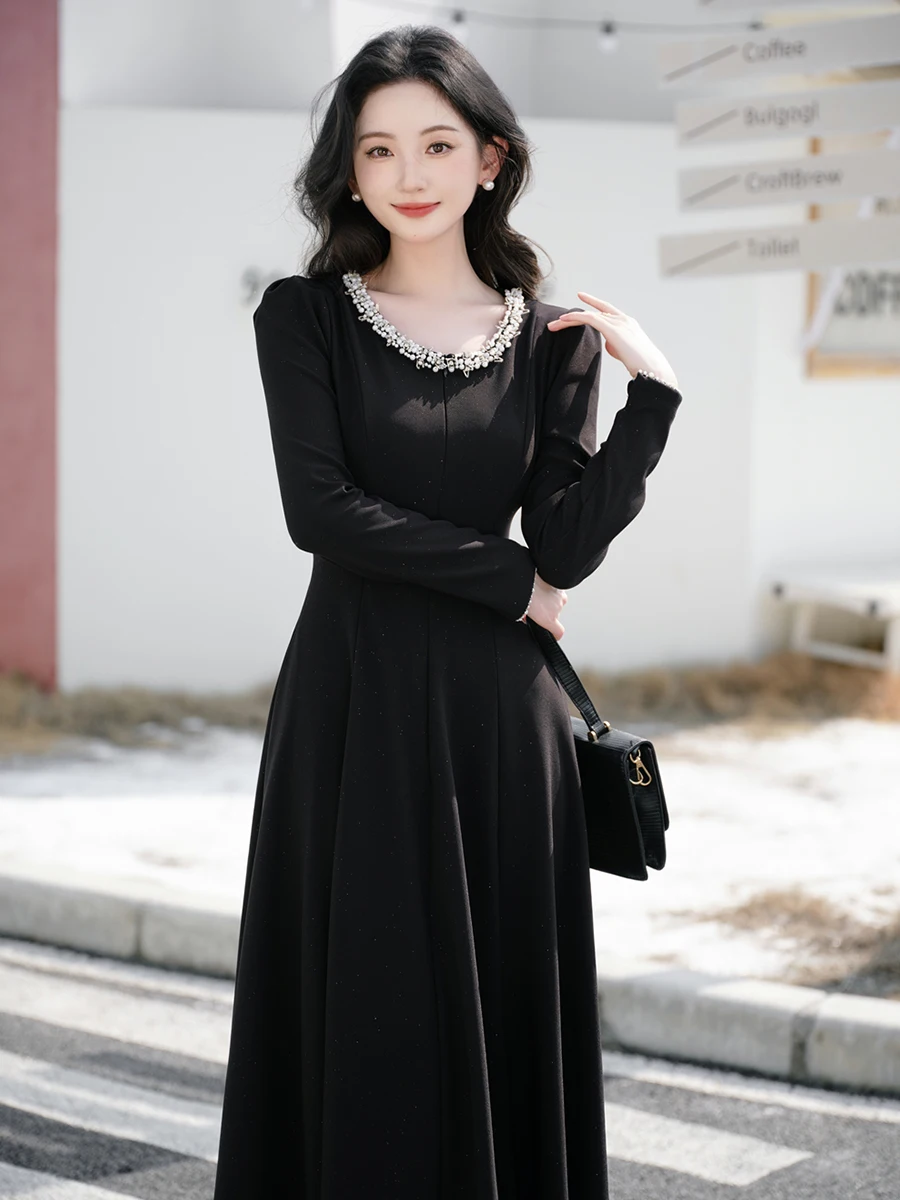 

Ele Bla Dr Women's High Waist Diamond Embellied Long Sve round Ne A-Line Dr Commute Lady Sle Pure Color