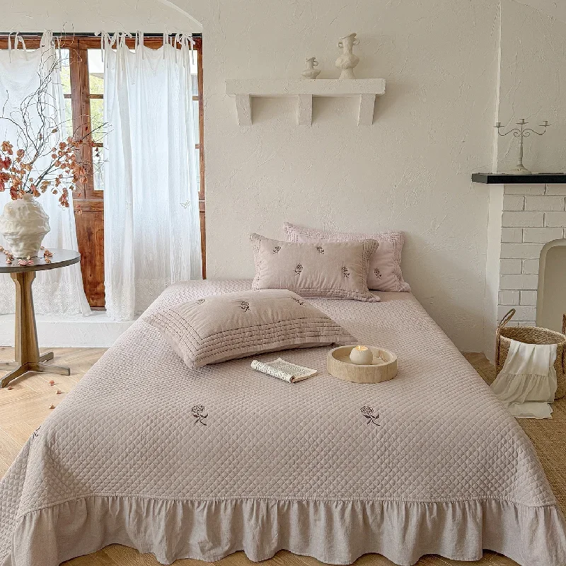 Premium Sand-Washed Bedspread 3-Piece Set Multi-Functional Quilted Duvet Cover as Comforter Solid Color Embroidered Bedding