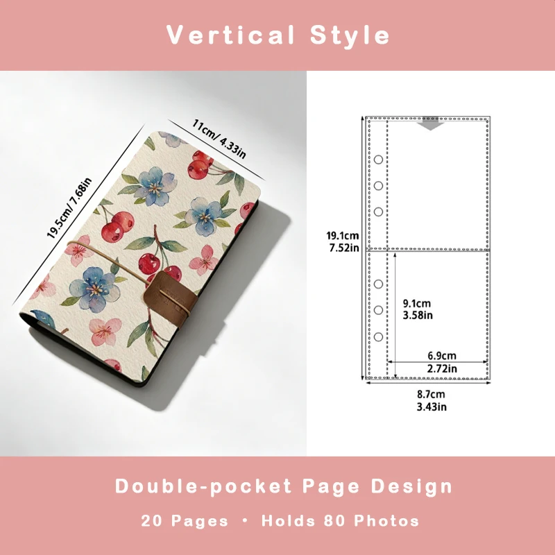 Soft Watercolor Cherry & Sakura Floral Print PU Leather Photo Album 80 Pockets Portable Mini Instant Camera Photo Book Travel Pi