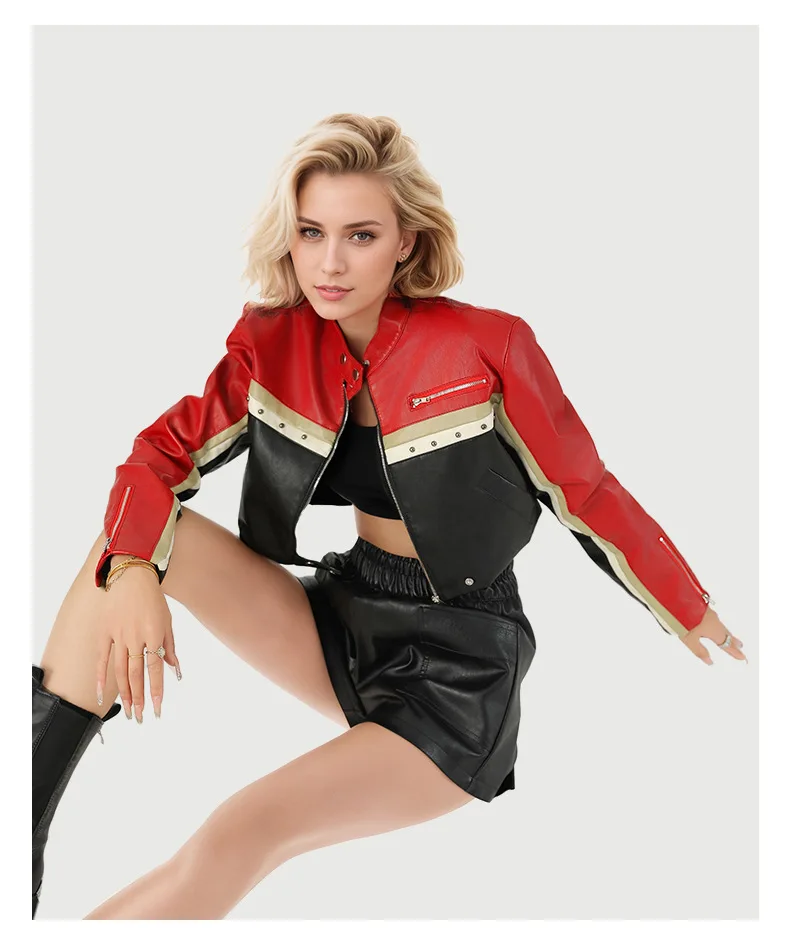

2025 Spring Autumn Sexy Moto Cropped PU Leather Jackets Women's Long Sleeve Contrast Spliced Slim Coat Streetwear