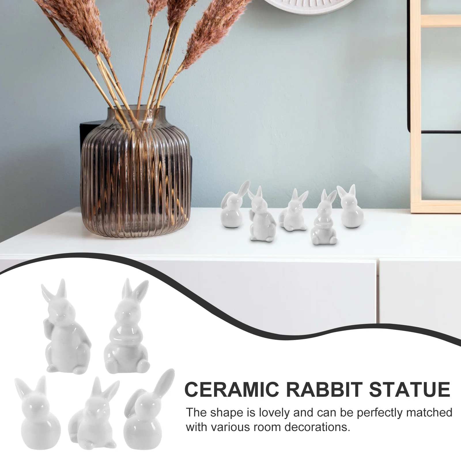 

5Pcs Ceramic Rabbit Adornment Creative Bunny Design Suitable for Indoor Outdoor Garden Desktop Micro Landscape Decor