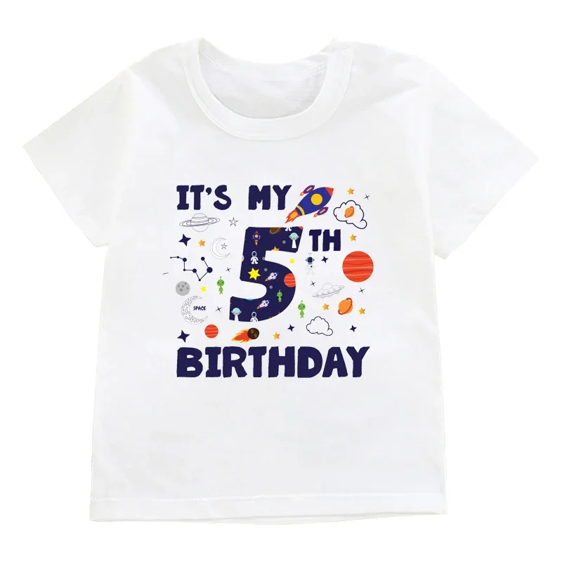 Boys Space Galaxy Outer Birthday Number 1-10 Design T-shirt Kids Astronaut Graphic Print Party Gifts Tees Children Cool Clothes