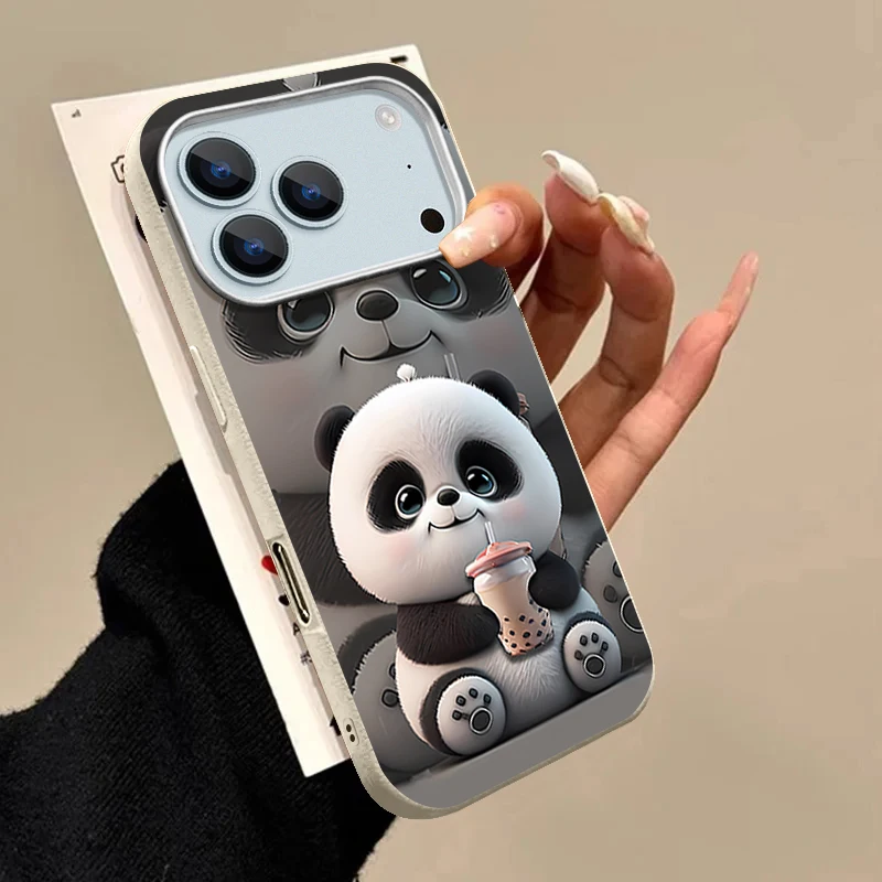 Drinking Milk Tea Panda Print Phone Case For iPhone 17 16 15 Pro Max 14 Plus 13 12 Pro Air Shockproof Leather Texture TPU Cover