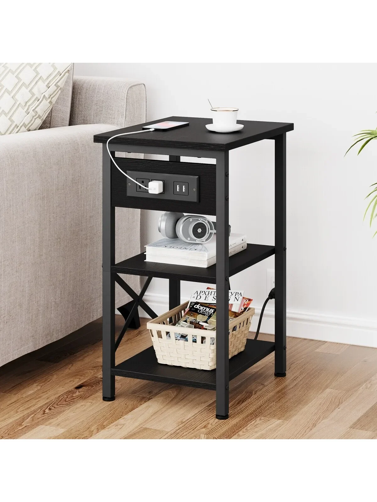 Side Table with Charging Station, 3-Tier Black End Table with USB Ports and Outlets for Small Space in Living Room & Bedroom