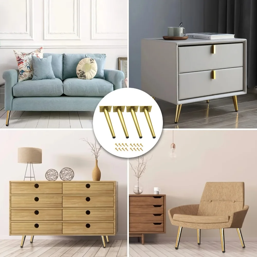 4pcs Modern Golden Metal Furniture Legs - Replacement Support Legs DIY for Dining Table Cabinet Sofa Furniture Cone Feet