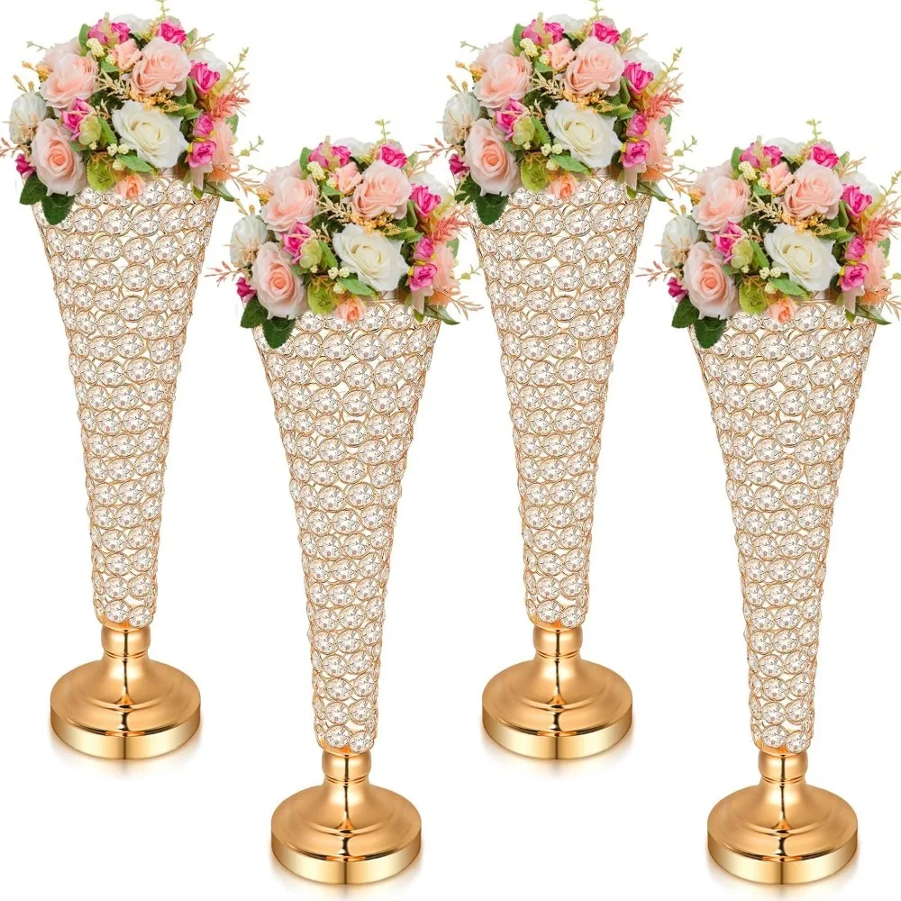 4 Pcs Crystal Trumpet Flower Vase Tall Wrought Iron Crystal Vase Flower Stand Centerpieces Wedding Table Vases Decor.