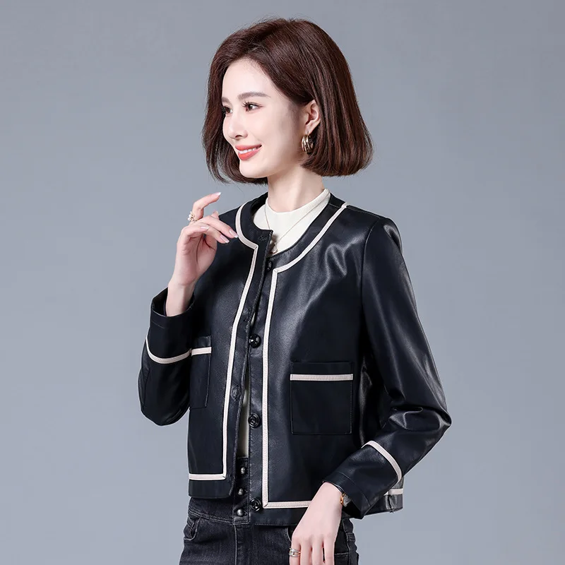 Women\'s Single Breasted Leather Jacket Spring Autumn Color Block Leather Coat Lady Short Slim Fit O Neck Outwear Top Oversize