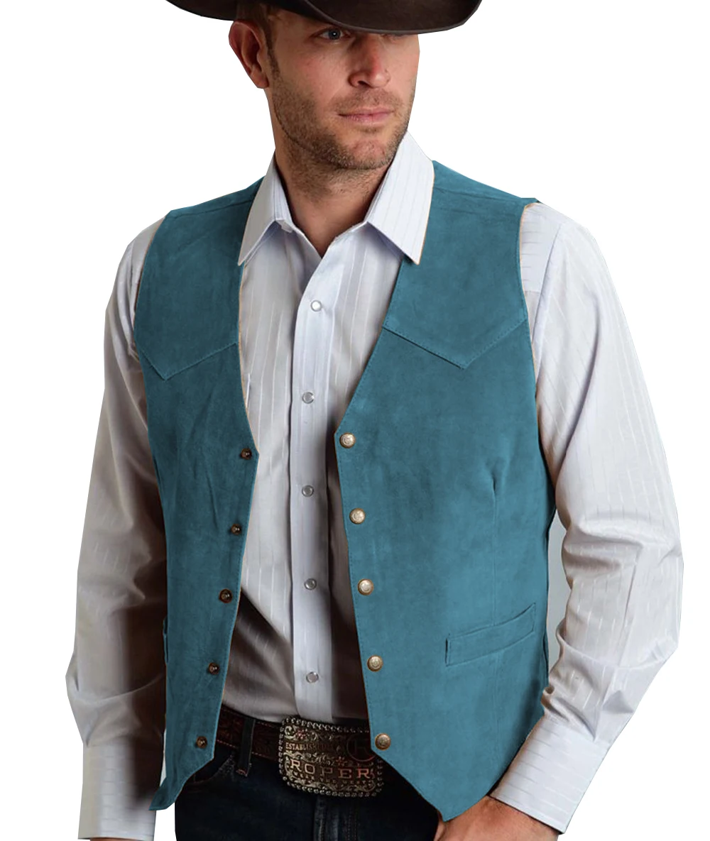 Men Vest Gold Suede Leather Gentleman Business Waistcoat Vintage Western Cowboy Regular Slim Business Banquet Men Suit Vest