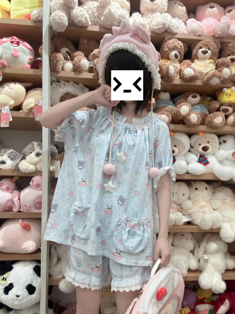 2025 Summer Japanese Original Pure Cotton Sweet Cute Cartoon Pajamas Skin-friendly and Breathable Outdoor Loungewear Pajamas Set