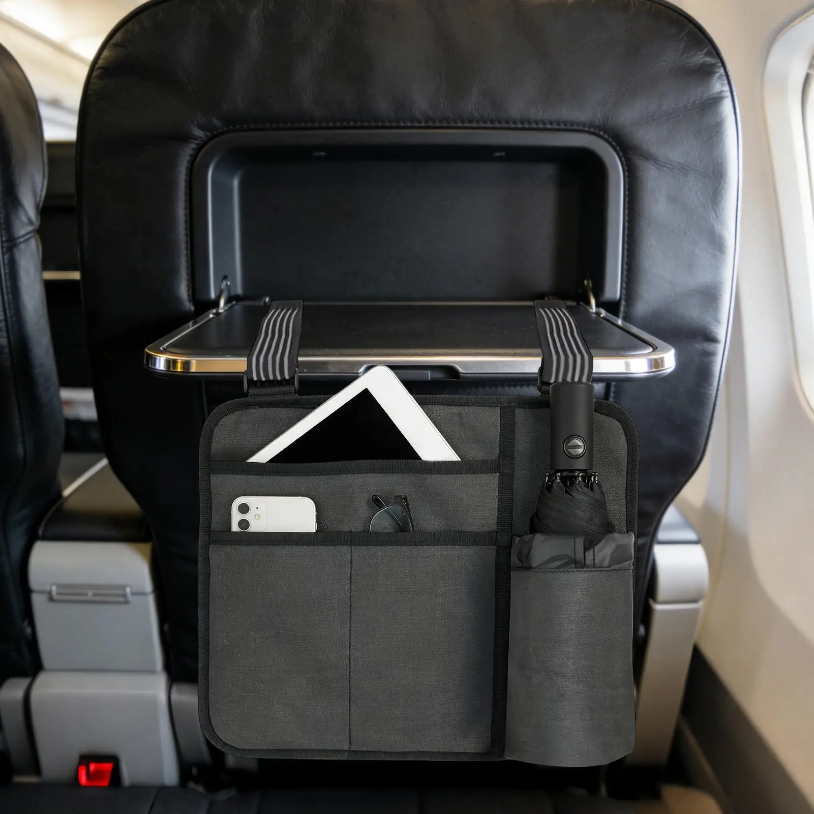 飛行機の座席用吊り下げオーガナイザーバッグ、旅行用スマホ・スナックポーチ、パスポート・スマホ・水筒用フライトシートオーガナイザー