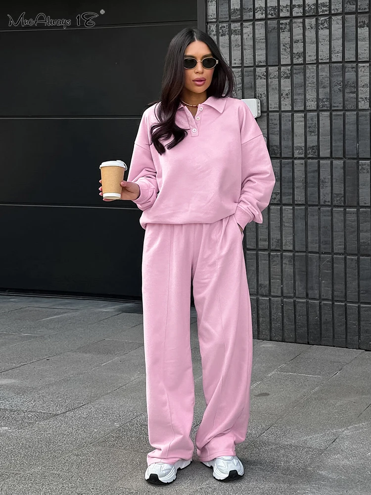 Mnealways18 Pink Sporty Knitwear Pants Sets Two Pieces Pullover Tops And Wide Legs Pants Two Pieces Outfits Autumn Winter 2024