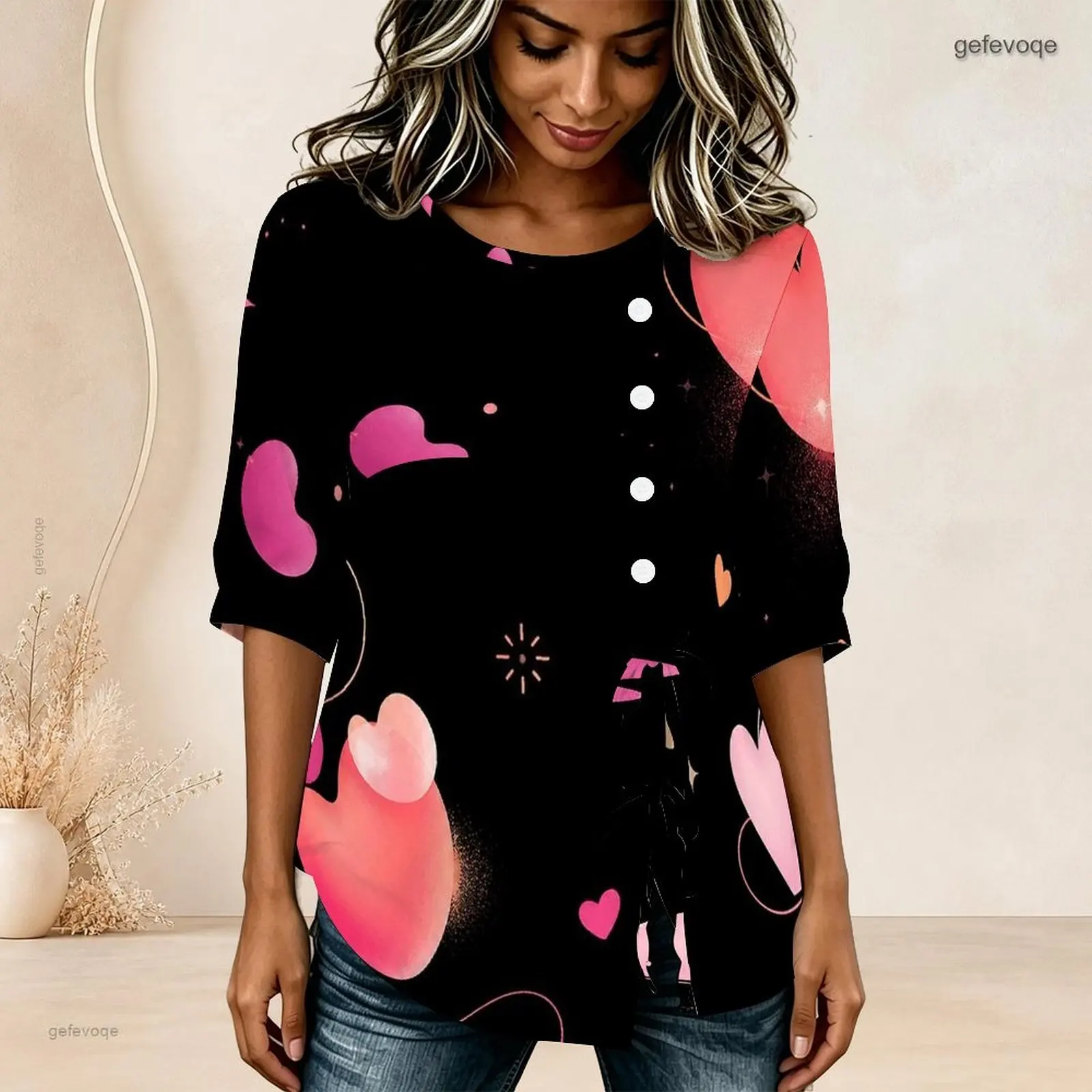 Round Neck Half Sleeve Gathered Front Button Detail Tie Hem Printed Blouse for Women