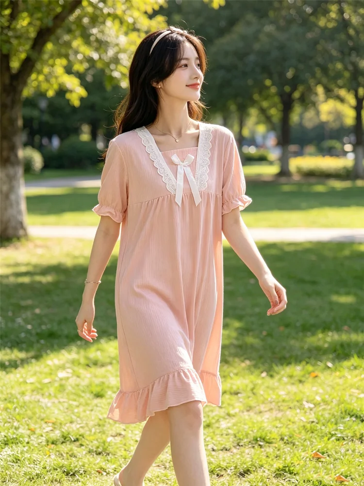 Women's Retro Summer Pajamas Dresses Sleepwear Sweet  Night Dress Women Nightgown Short Sleeve Lingerie Lace Patchwork Nightie image 4