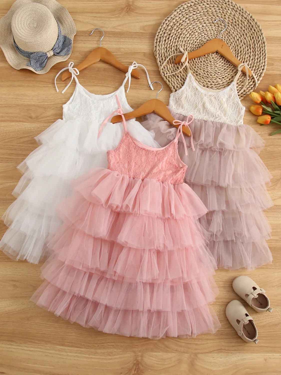 

Girls wedding dress little princess birthday party gown lace sling tutu dresses children vintage floral cloths