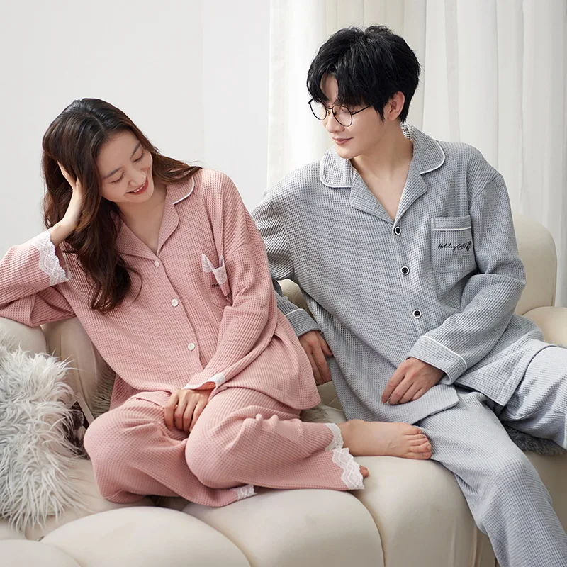 2023 Cotton Nightwear For Couples Spring Men Long Pijamas Women Cardigan Korean Fashion Pjs Sleepwear Young Girl Boy Lounge