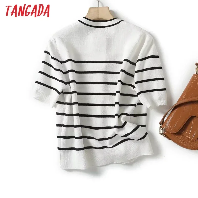 Tangada 2024 Women Striped Crop Knit Cardigan Sweaters Short Sleeve Female Outerwear 4C413