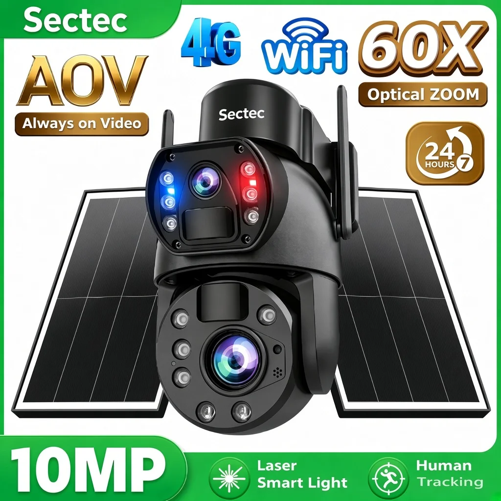 Sectec AOV Solar PTZ Camera AI 10MP 60X Zoom 4G/WiFi Dual Lens Laser Night Vision Outdoor PIR Auto Tracking 2Way Audio IP66 Cam