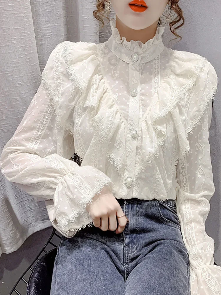 Fashion Ruffle Stitching Elegant Lace Blouse Long Sleeve Loose Chiffon Shirts Korean Style Stand Collar Pleated Top Blusas 15832