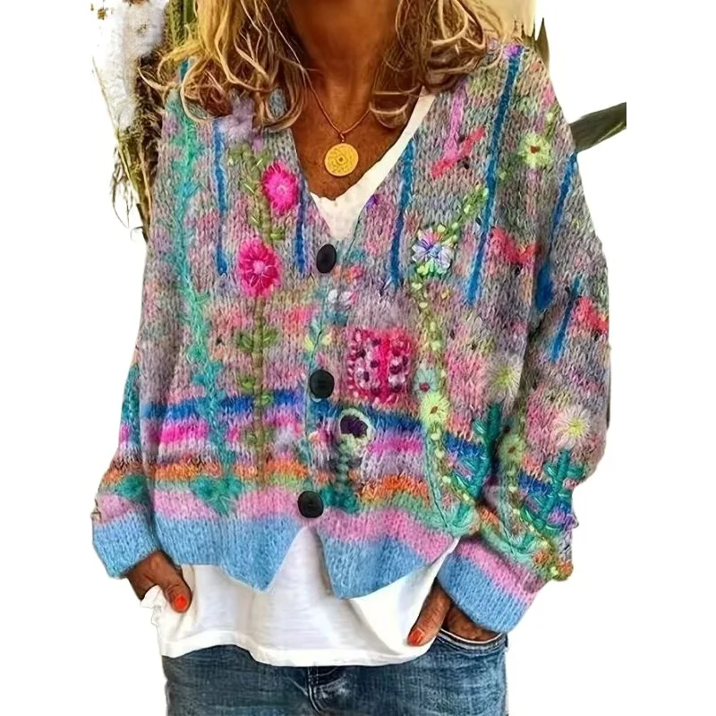 Colorful Patchwork Knitted Cardigan Is A Slimming and Versatile Bestseller European American Style Both Stylish and Versatile 2