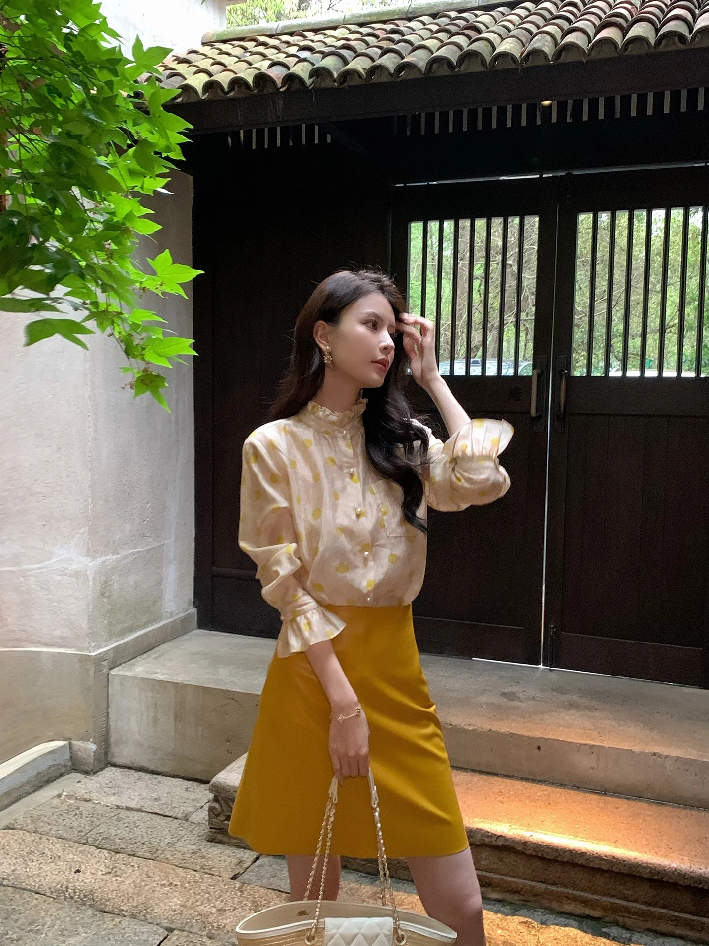 

Шелковая женская рубашка с воротником-стойкой и узором в горошек, с длинным рукавом, дышащая, комфортная, повседневная, весенняя