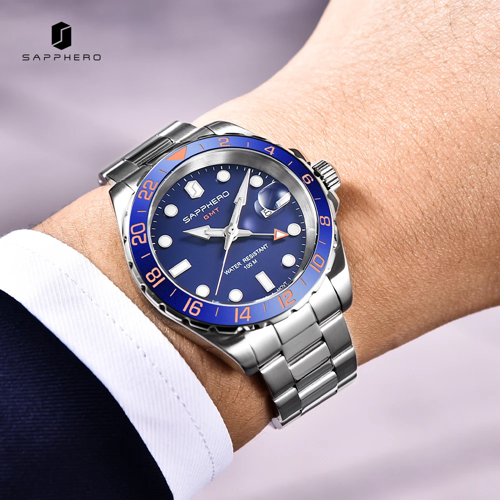 Imagem -02 - Sapphero-relógio de Pulso Impermeável de Masculino Business Ver For Man Luxury Gmt Swiss Movement Data 10atm Classic Aço Inoxidável