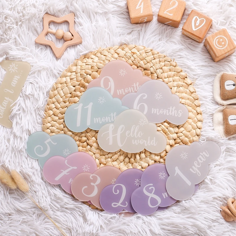 

14PCS Newborns Acrylic Milestone 0-12 Month Card Cloud Shape Baby Growth Commemoration Party Decoration Infant Photography Props