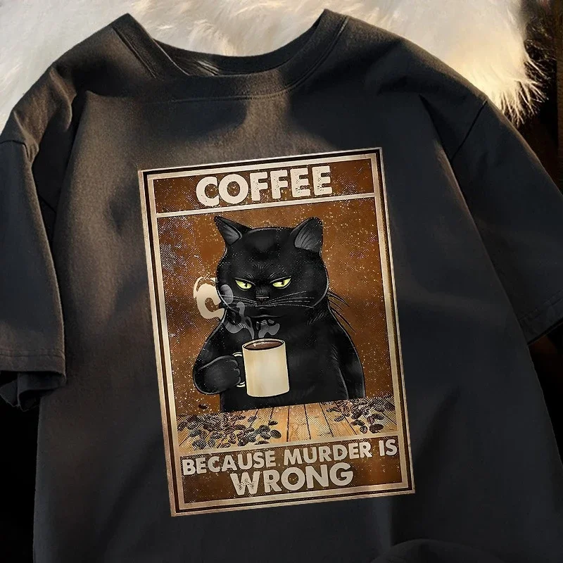 

Футболка Chat Noir Buvant Du Café Surdimensionné De Rue Респираторная футболка Уличная одежда Imprimé En Coton