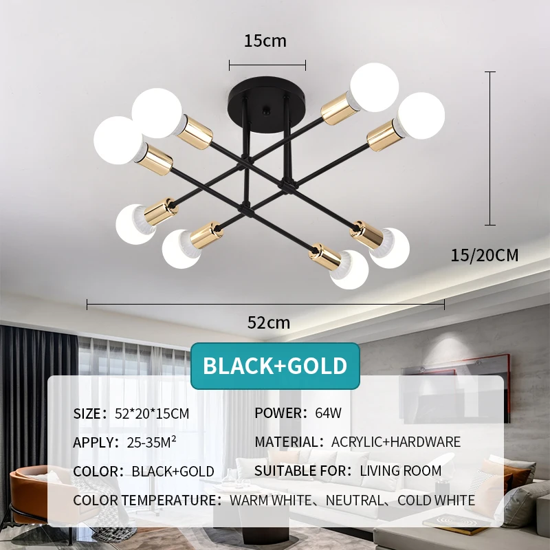 Retro Iron Chandelier Gold Black/White 6/8 Socket Iron Ceiling Lamp Vintage Spider Chandelier Indoor Bedroom House Light Fixture