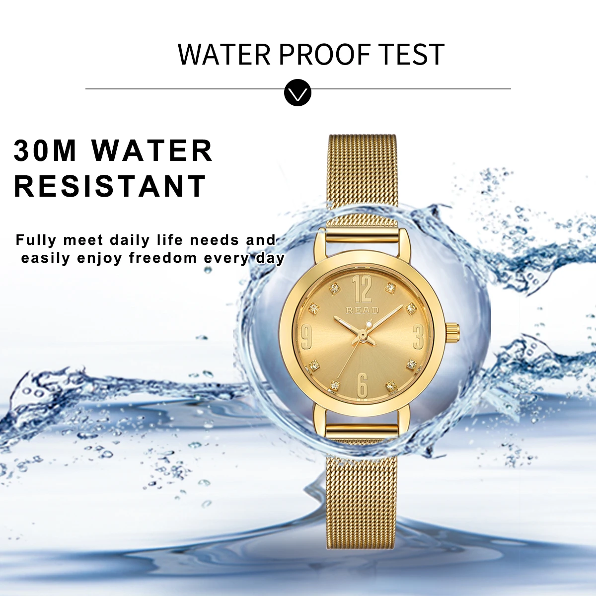 READ Women Elegant Analog Quartz Wrist Watch | Gold Stainless Steel Mesh Band | 30M Water Resistant Slim Ladies Wristwatch