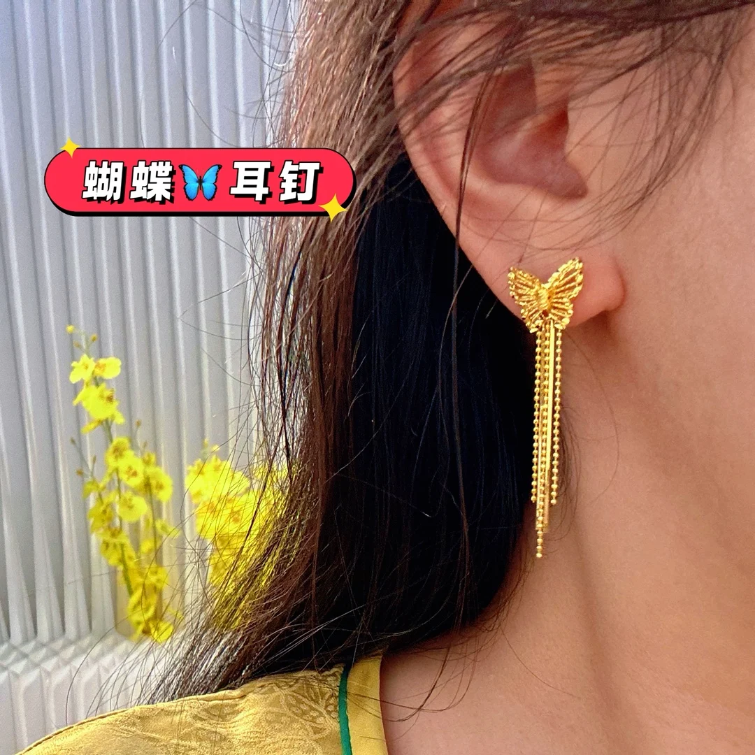 Luxury 24K 9999 Pure Gold real gold Butterfly Earrings Fu Love Style Bow Tassel Ear Stud Ear Line