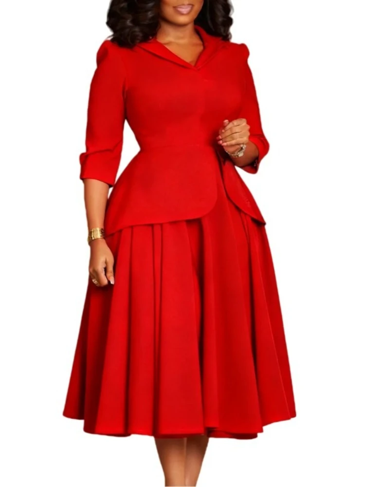 

African Dresses For Women Elegant Spring Autumn 3/4 Sleeve Dashiki Midi Dress Ladies Traditional African Clothing Fairy Dreaes