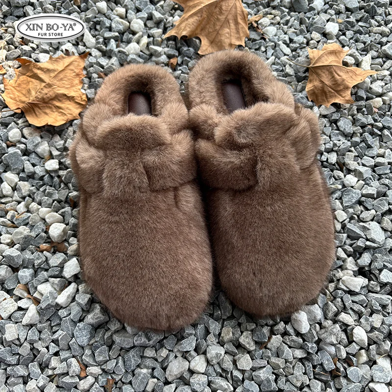 Fashion Mink Faux Fur Slippers Women Winter Toe Wrap Woman Shoes Thick Soft Sole Slides Outdoor Flat Fur Slippers