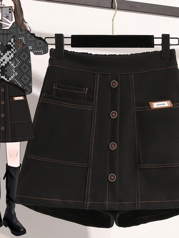 Elastic Waist Thick Woolen A-Line  Skirt Women's Autumn Winter plus Size Slimming Skirt Pants Anti-Light Walking Skirt