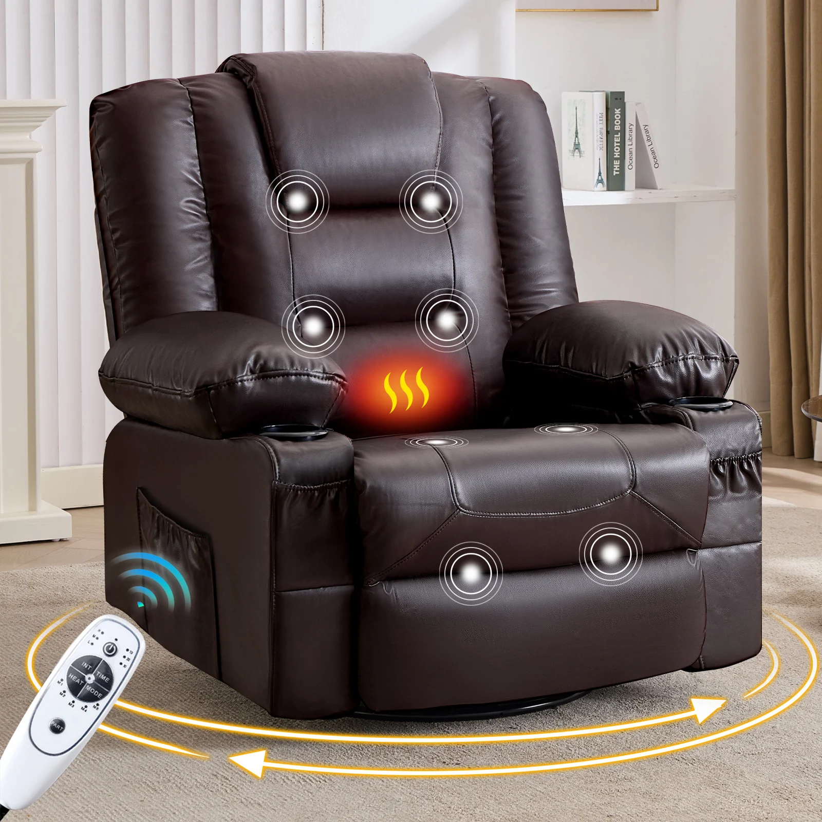 !@OE HOME Leather Modern Rocker Recliner Chair Massage Oversize Design Cup Holders USB Charge Port Side Pockets for Living Room