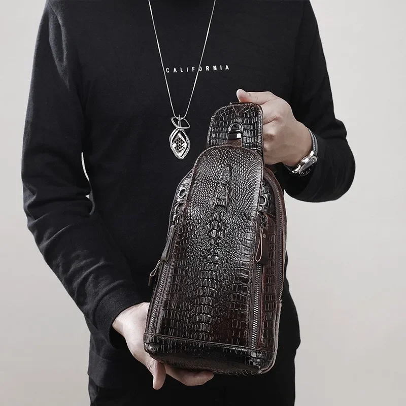 Chest Bag Genuine Leather Shoulder Messenger Pack First Layer Cowhide Tablet CP Storage Package Travel Handbag Crocodile Pattern