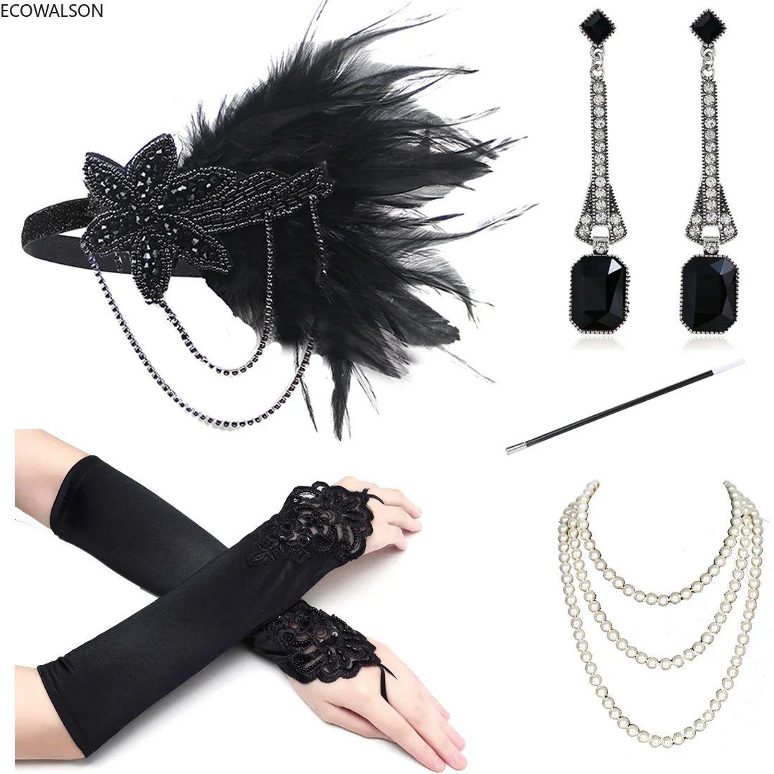 Women Great Gatsby Party Costume Accessories Set Retro 1920s Flapper Accessories Feather Headband Gloves Cigarette Holder 20