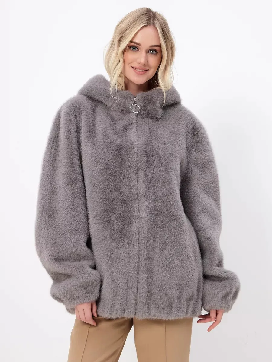 

Women's Eco-friendly Fur Plush Coat Winter Zipper Hooded Cardigan Fur Coat Windproof Warm Sweatshirt