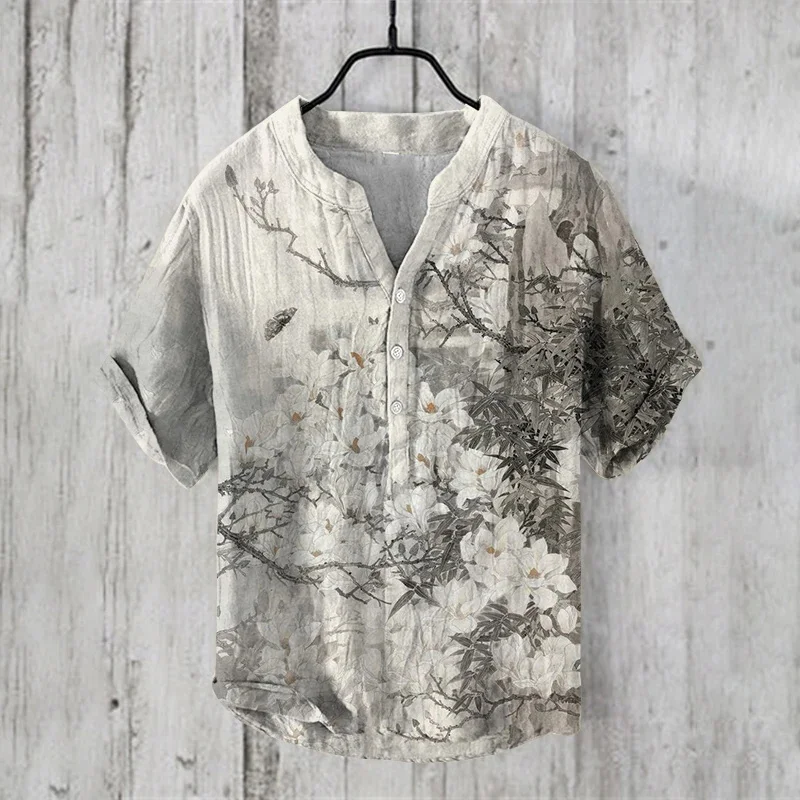 S-5XL large shirt casual Chinese style men's 3-button V-neck shirt butterfly ink painting digital printing casual