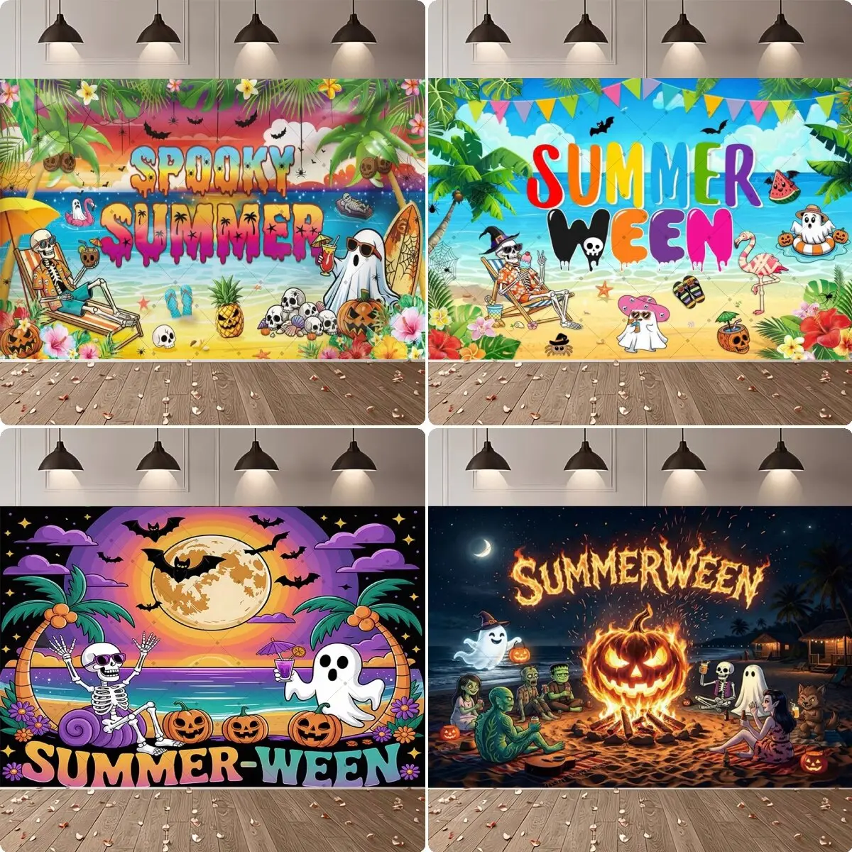 Summerween Party Background Tropical Beach Skeleton Halloween Banner Spooky Summer Halloween Pool Party Photo Booth Props