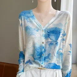 Primavera 2024 Nuovo Temperamento Top Maglieria di lana Cardigan con scollo a V Camicia estiva da donna con fondo Cappotto maglione jacquard