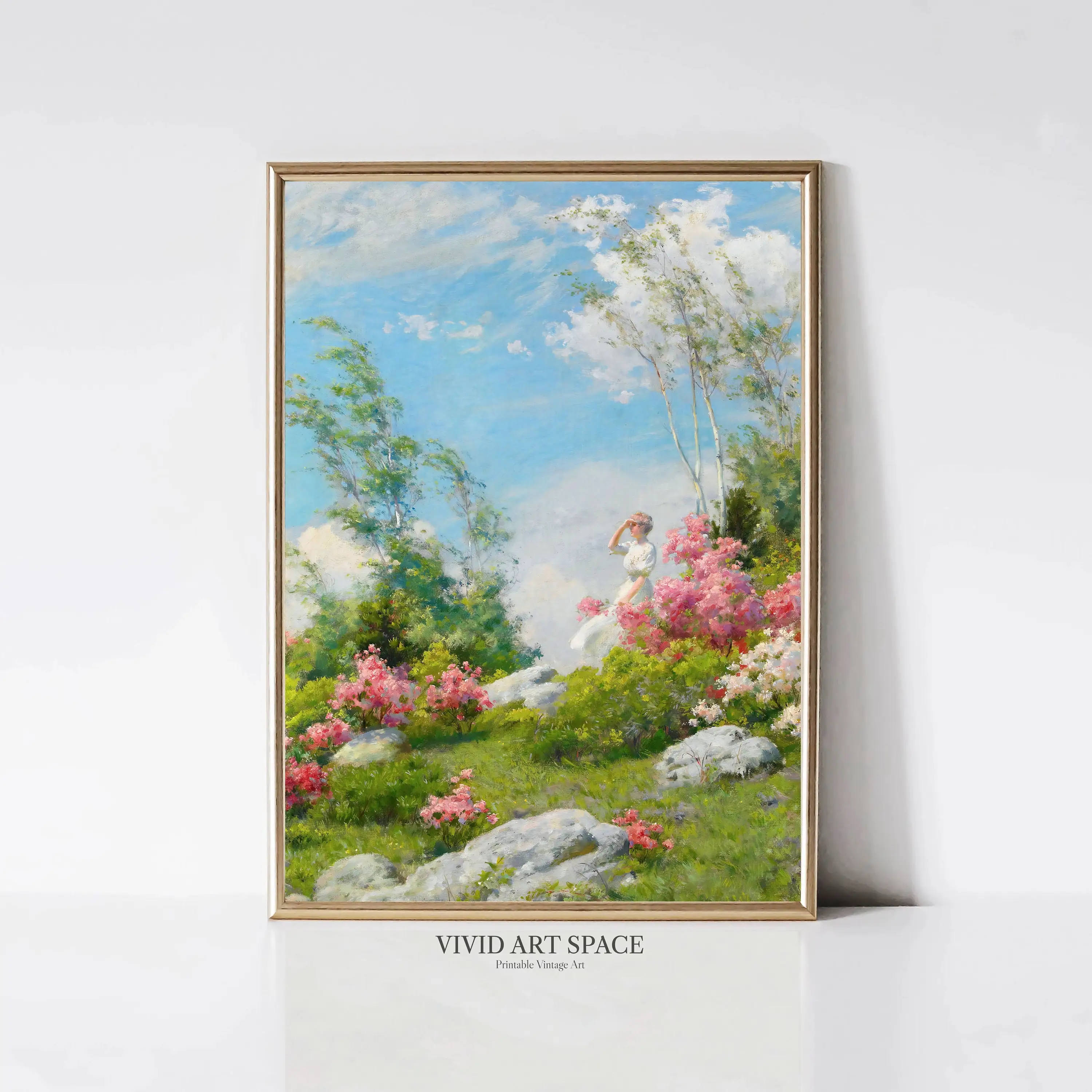 (No frame)Vintage Landscape River Flowering Garden Forest Meadow Poster Print Wall Art Pictures Canvas Painting Living Room H