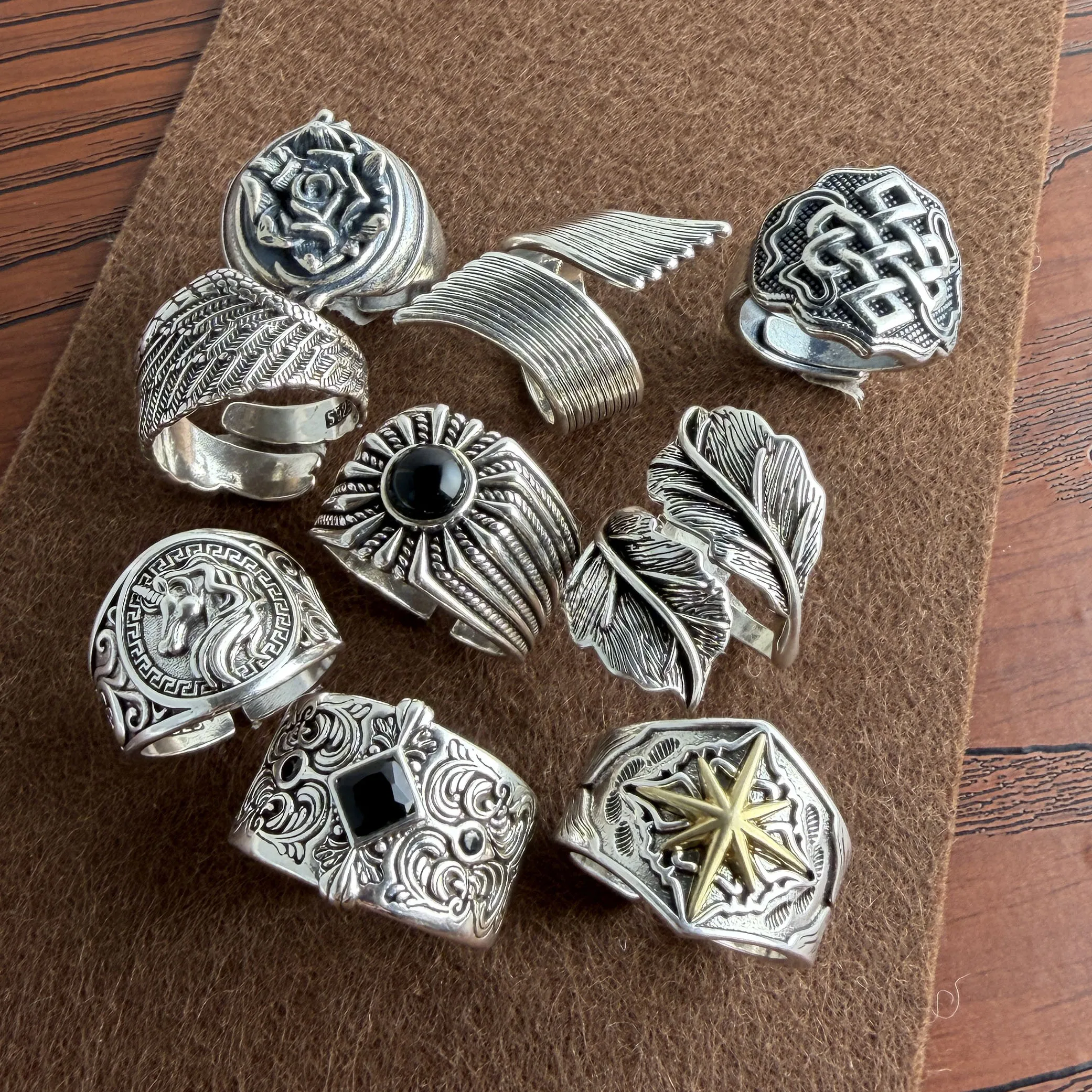 925 Sterling Silver Rings For Women Geometric Fine Jewelry Finger Adjustable Retro Leaf Stone Ring For Party Birthday Gift