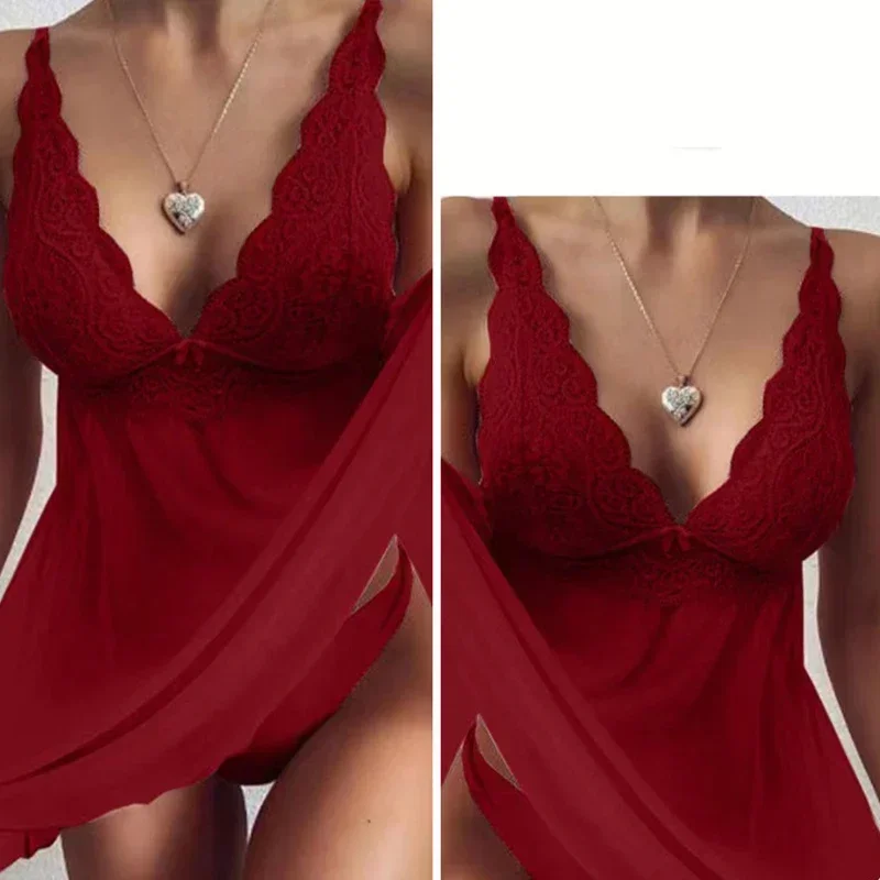 Summer Women Sheer Mesh Babydoll Nightdress Lace Deep V Spaghetti Strap Side Split Sleepwear Lingerie