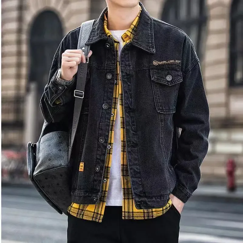 Denim Jackets Man Cargo Loose Button Cowboy Coat for Men Lxury Cheap Price Stylish Y2k Low Clothing Washed On Board Menswear