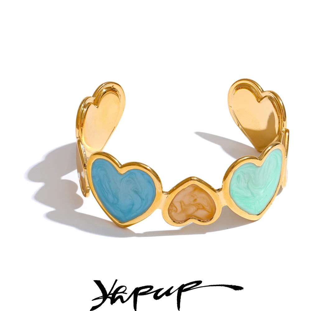 Yhpup Candy Colorful Enamel Heart Love Cuff Sweet Bracelet Bangle for Women Stainless Steel Golden Trendy Y2K Exquisite Jewelry