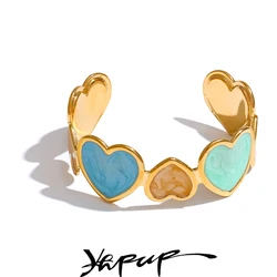 Yhpup Candy Colorful Enamel Heart Love Cuff Sweet Bracelet Bangle for Women Stainless Steel Golden Trendy Y2K Exquisite Jewelry