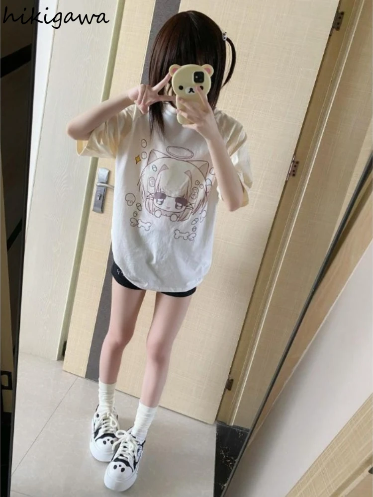 Japanese Tshirts Women\'s Clothing Summer Camisetas Anime Print Cute Tees Oversized Casual Fashion Y2k T Shirts 2024 Ropa Mujer